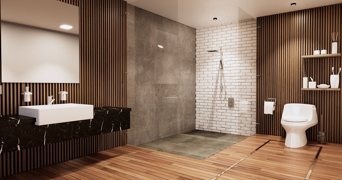 интерьер ванной комнаты со стеновыми панелями